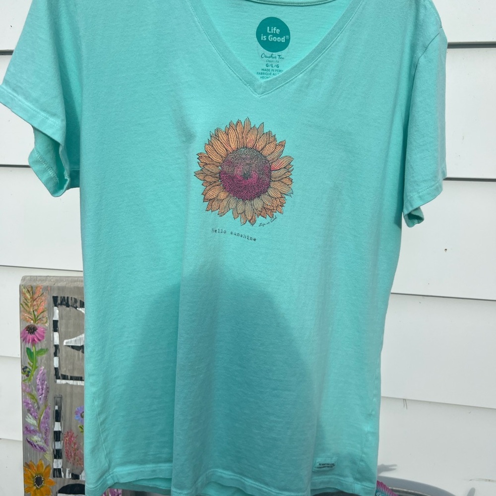 Life Is Good Green Short Sleeve Tee with Sunflower
